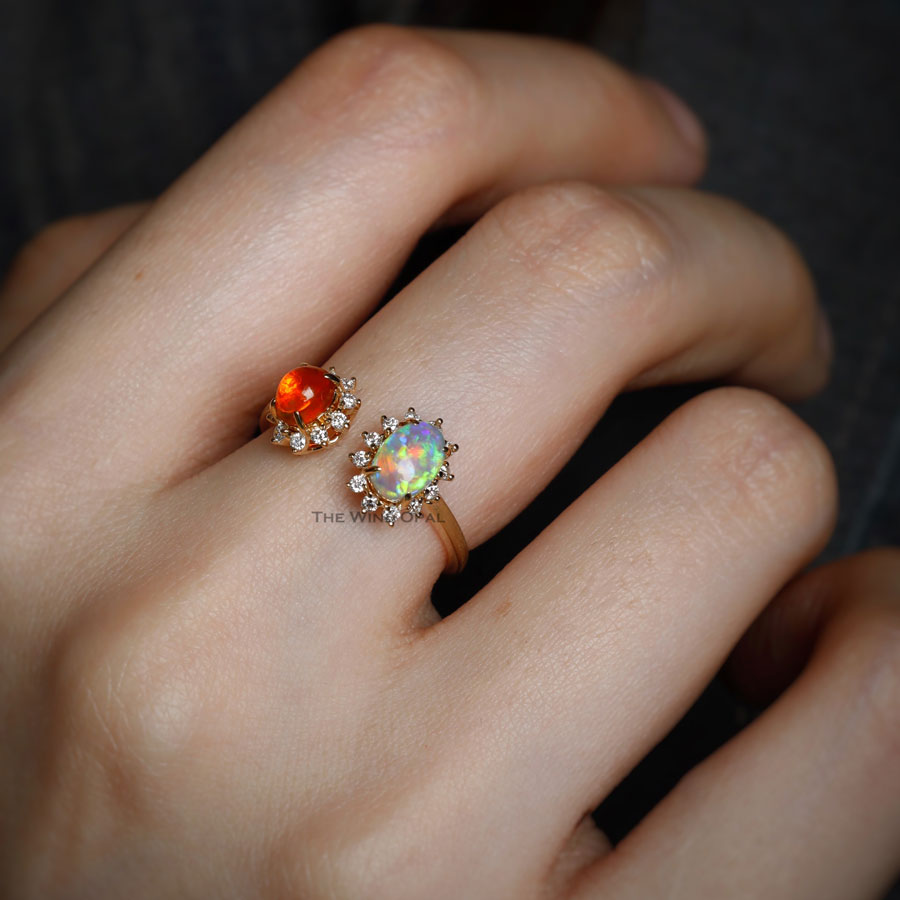 14K Solid Rose Gold Rare Beautiful Fire Opal Diamond Engagement