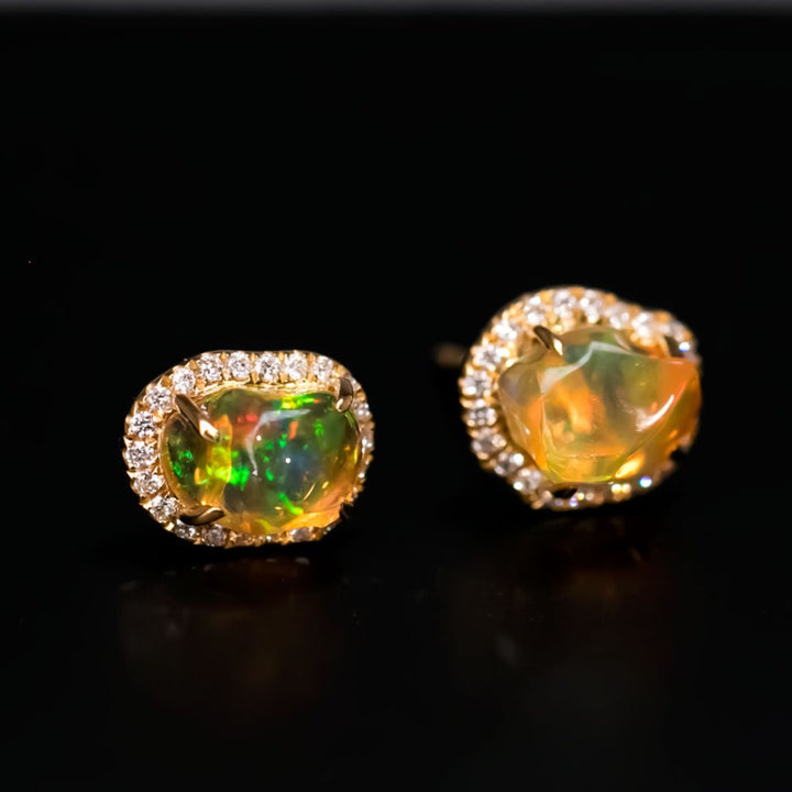 Asymmetrical Fire Opal Diamond Halo Earrings