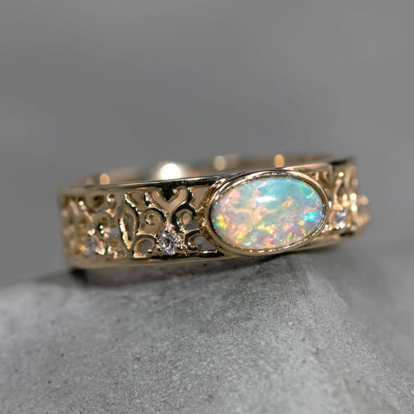 Filigree Engagement Ring: Semi-Black Opal Diamond Band