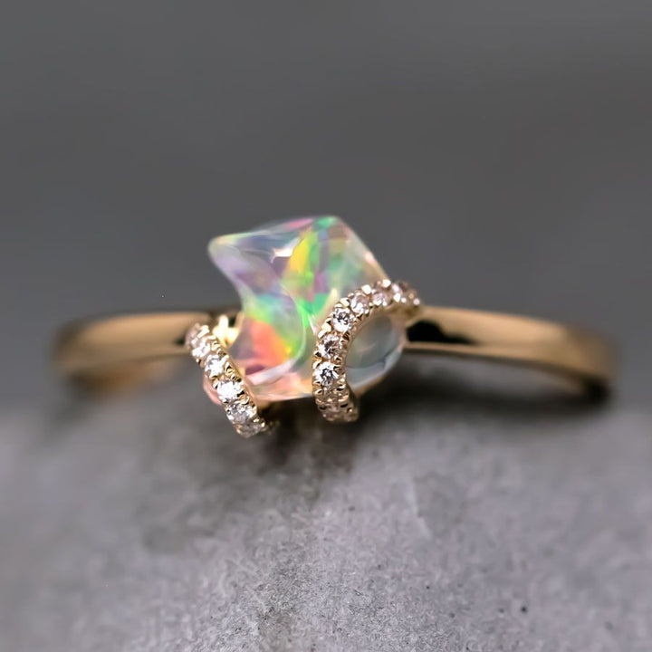 Ribbon Wrap Design Mexican Fire Opal Diamond Engagement Ring