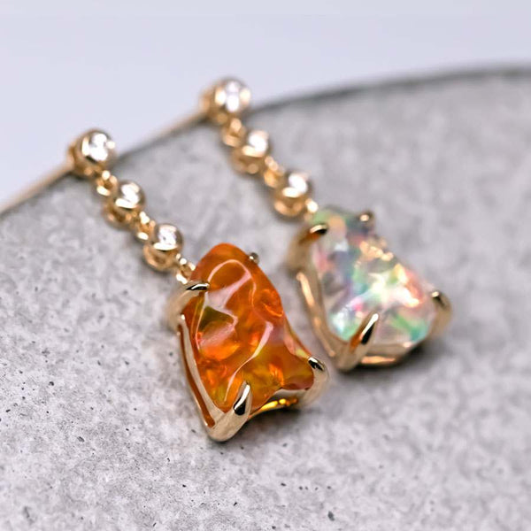 Asymmetrical Fire Opal Diamond Drop Earrings