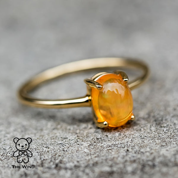 Minimalist Mexican Fire Opal Engagement Wedding Ring 14K Yellow Gold