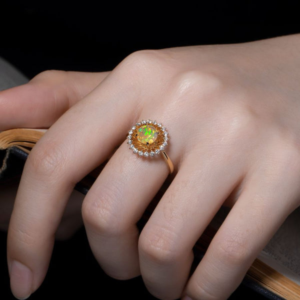 Faced Fire Opal & Diamond Engagement Ring