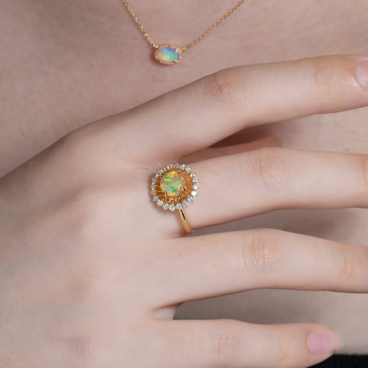 Faced Fire Opal & Diamond Engagement Ring