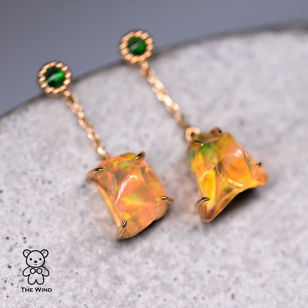 Beautiful Mexican Fire Opal & Tsavorite Drop Earrings-1