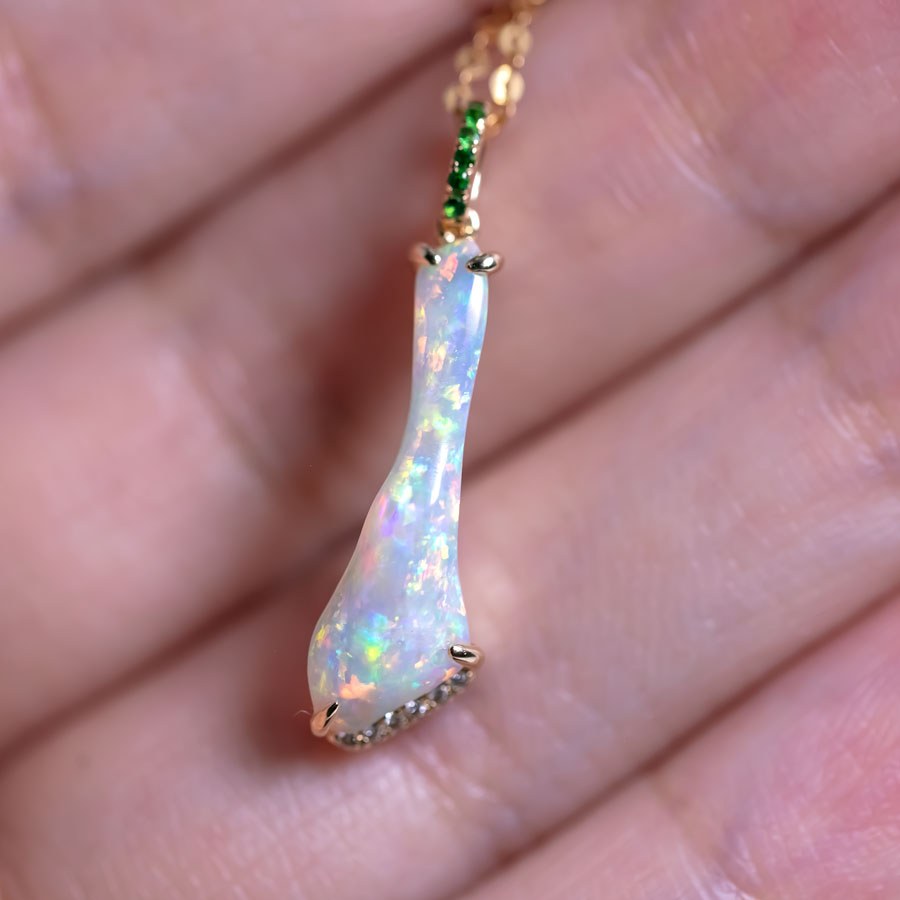 The Wind Opal 18K Yellow Gold Pendant - Natural Australian Solid Opal With Tsavorite & Diamond