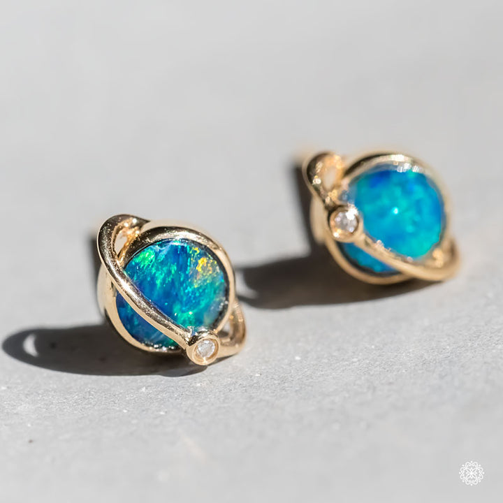 Earth Moon Design Australian Doublet Opal & Diamond Stud Earrings-2