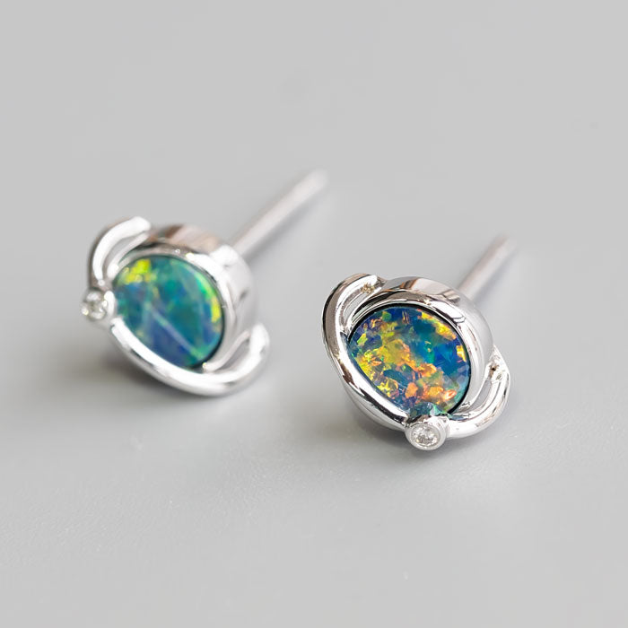 Earth Moon Design Australian Doublet Opal & Diamond Stud Earrings-4
