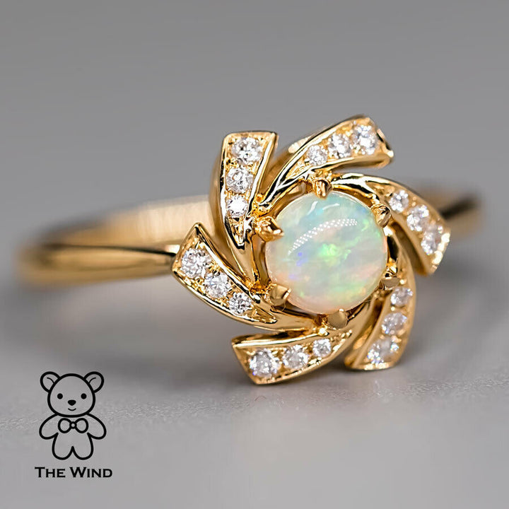 Flower Design Australian Solid Opal Diamond Engagement Wedding Ring-3