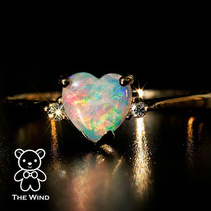 Heart Shaped Solid Opal & Diamond Engagement Ring-2