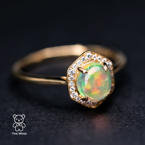 Hexagon Mexican Fire Opal Halo Diamond Engagement Ring-1