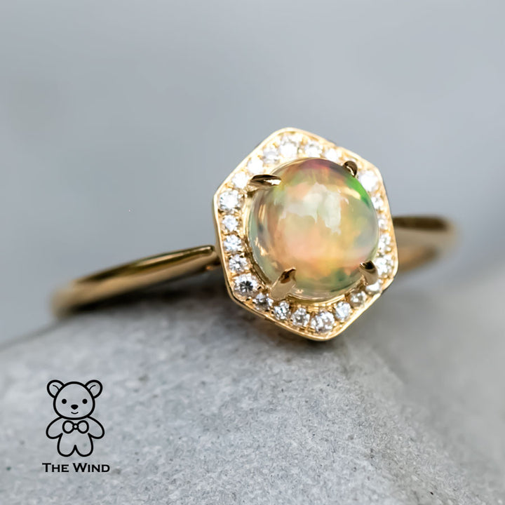 Hexagon Mexican Fire Opal Halo Diamond Engagement Ring-3