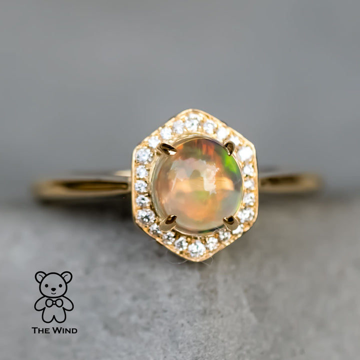 Hexagon Mexican Fire Opal Halo Diamond Engagement Ring-4