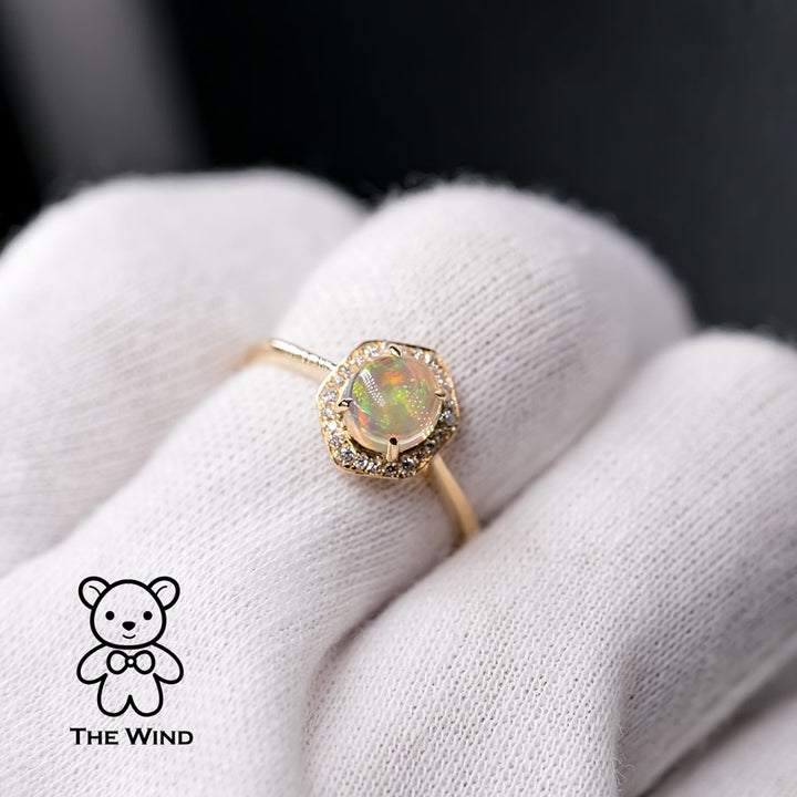 Hexagon Mexican Fire Opal Halo Diamond Engagement Ring-6