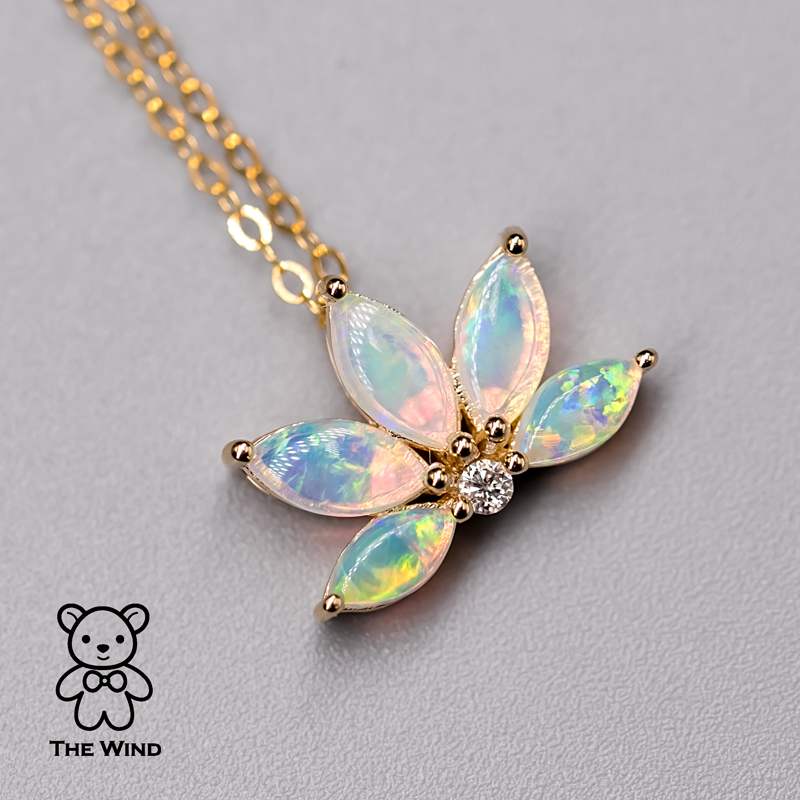 Australian Opal Water Lily Diamond Necklace 14K YG The Wind Opal