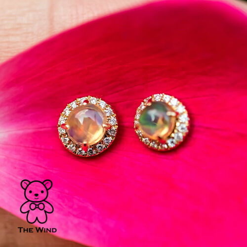 Mexican Fire Opal Halo Diamond Stud Earrings 18K Yellow Gold-2