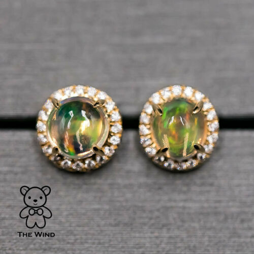 Mexican Fire Opal Halo Diamond Stud Earrings 18K Yellow Gold-3