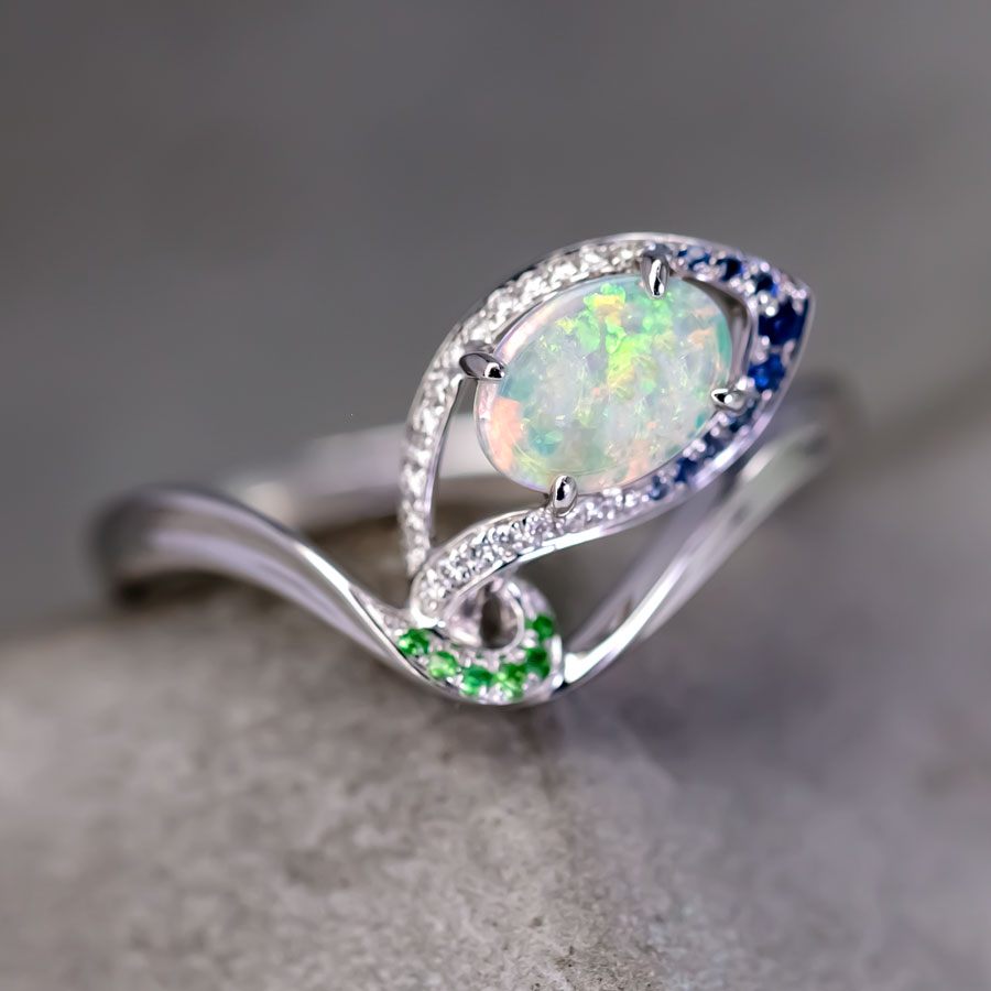 Peacock Dream Opal Diamond Engagement Ring 18K White Gold The Wind