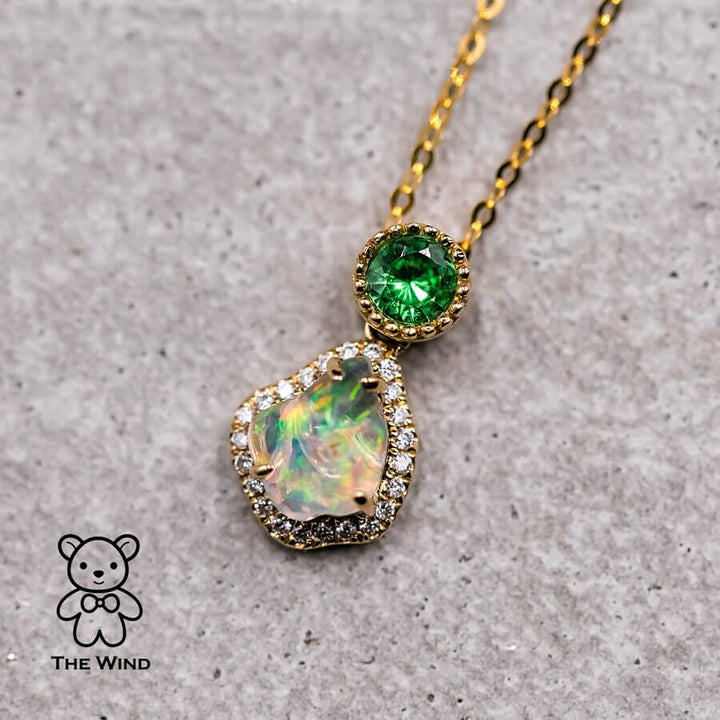 Stylish Fire Opal, Halo Diamond, Tsavorite Pendant Necklace-2