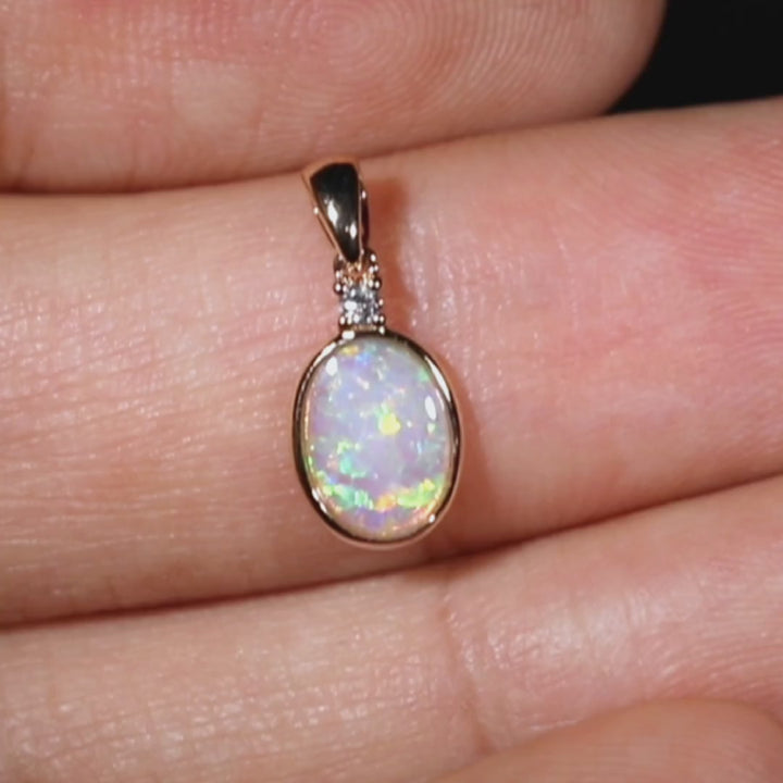 Minimalist Oval Australian Solid Opal & Diamond Pendant Necklace