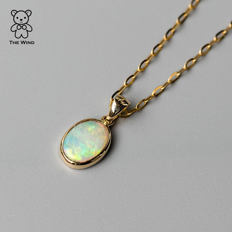 Australian Opal Oval Pendant Necklace 14k Yellow Gold The Wind Opal