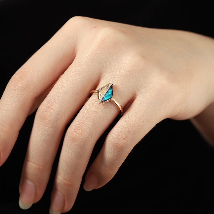 Deep Blue Triangle Boulder Opal Diamond Engagement Ring