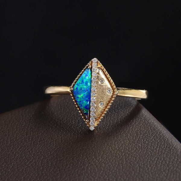 Deep Blue Triangle Boulder Opal Diamond Engagement Ring