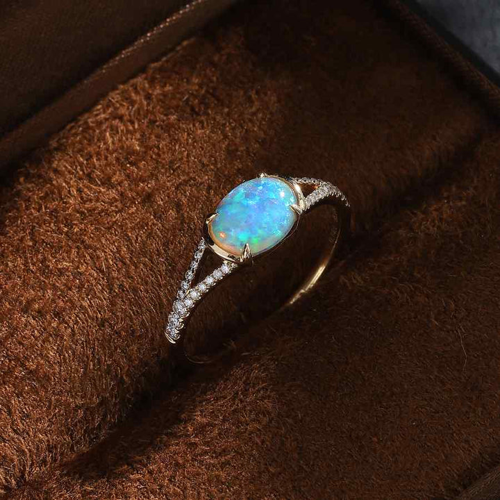 Semi Black Opal Split Shank Engagement Ring Pave Setting