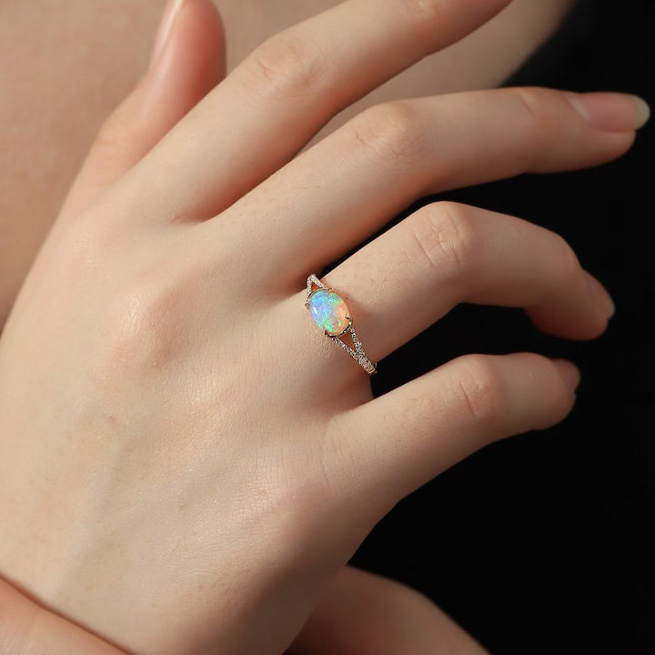 Semi Black Opal Split Shank Engagement Ring Pave Setting