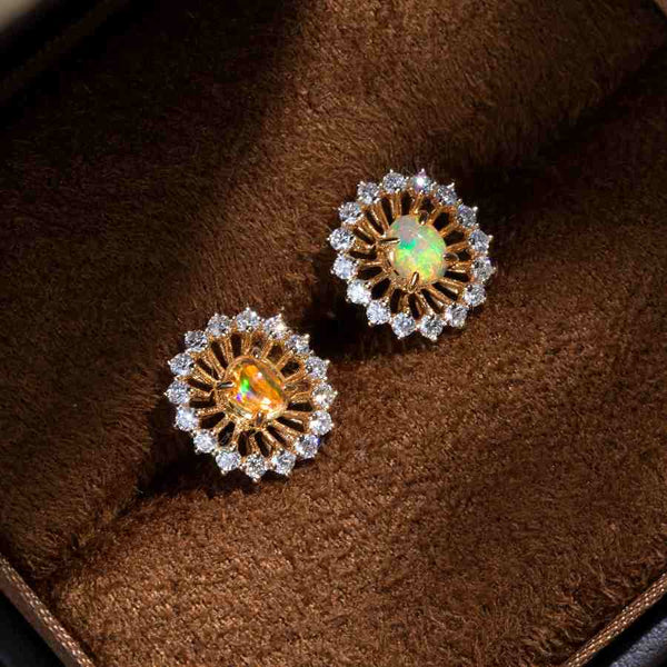 The Sunshine - Fire Opal Halo Diamond Stud Earrings