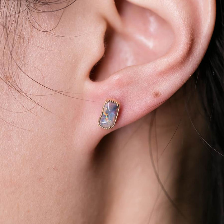 Rectangle Shaped Black Opal Stud Earrings