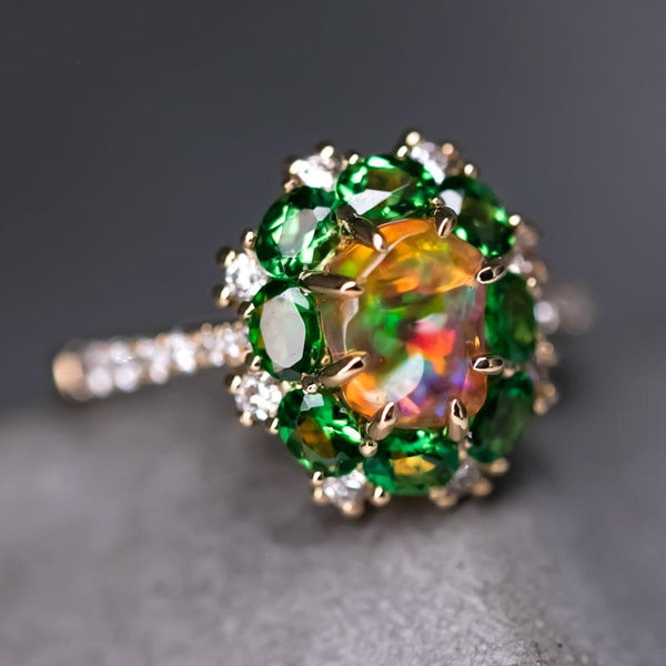 Incredible Color Opal Tsavorite Diamond Engagement Ring