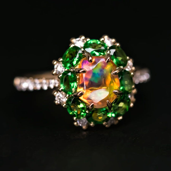 Incredible Color Opal Tsavorite Diamond Engagement Ring