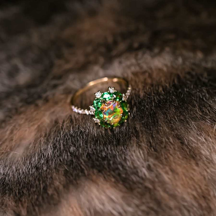 Incredible Color Opal Tsavorite Diamond Engagement Ring