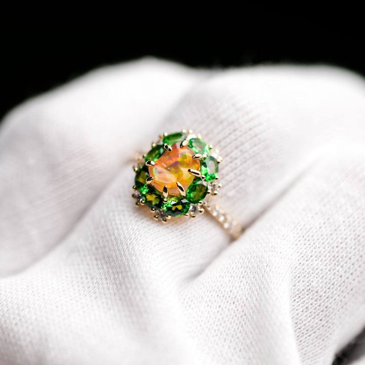 Incredible Color Opal Tsavorite Diamond Engagement Ring