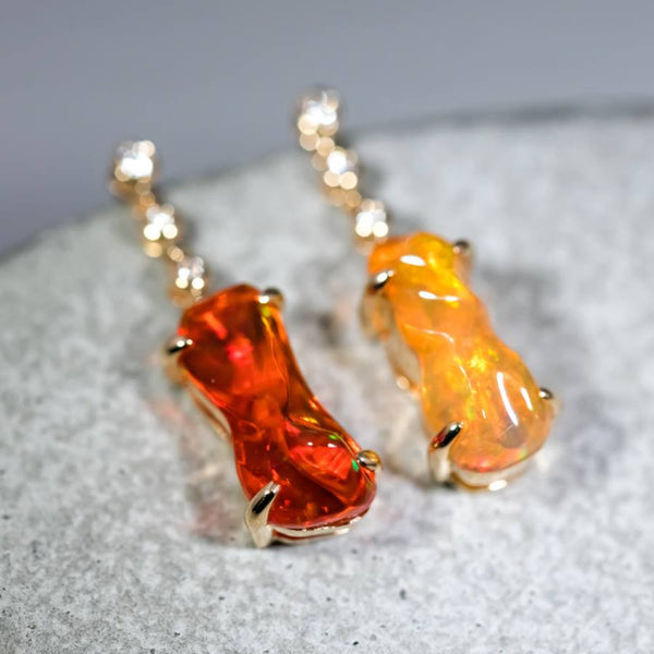 Stunning Diamond Mexican Fire Opal Asymmetric Drop Earrings