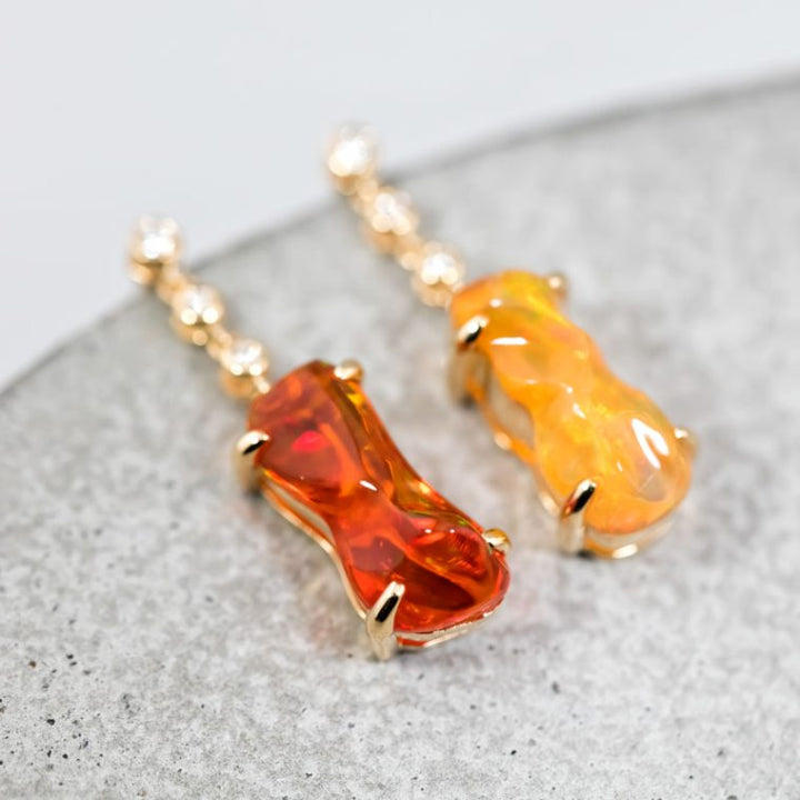 Stunning Diamond Mexican Fire Opal Asymmetric Drop Earrings