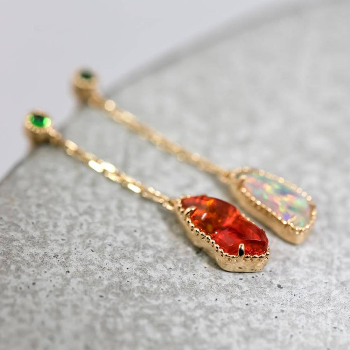 Two Colors Fire Opal Tsavorite Drop Earrings