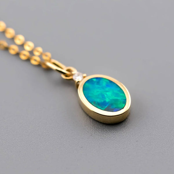 Minimalist Oval Doublet Opal & Diamond Necklace 14k Yellow Gold