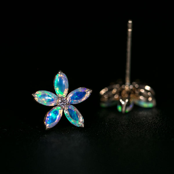 Opal Diamond Sakura Cherry Blossom Flower Stud Earrings