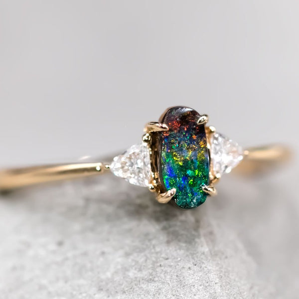 Three Stone Opal Diamond Engagement Ring