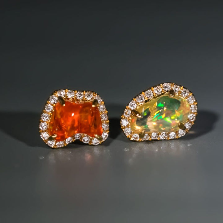 Two Colors Fire Opal Diamond Halo Stud Earrings
