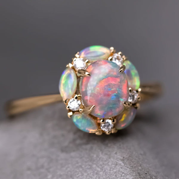 Plum Blossom Black Opal Diamond Engagement Ring 18K Yellow Gold