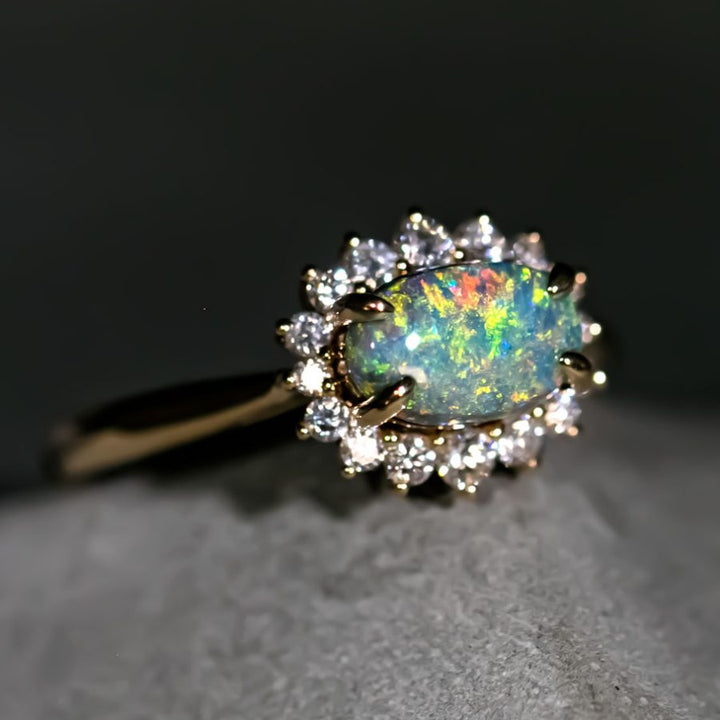 Beautiful Black Opal Diamond Halo Engagement Ring