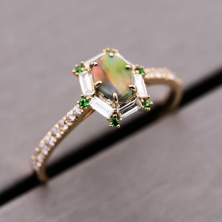 Black Opal, Baguette Diamond Ring
