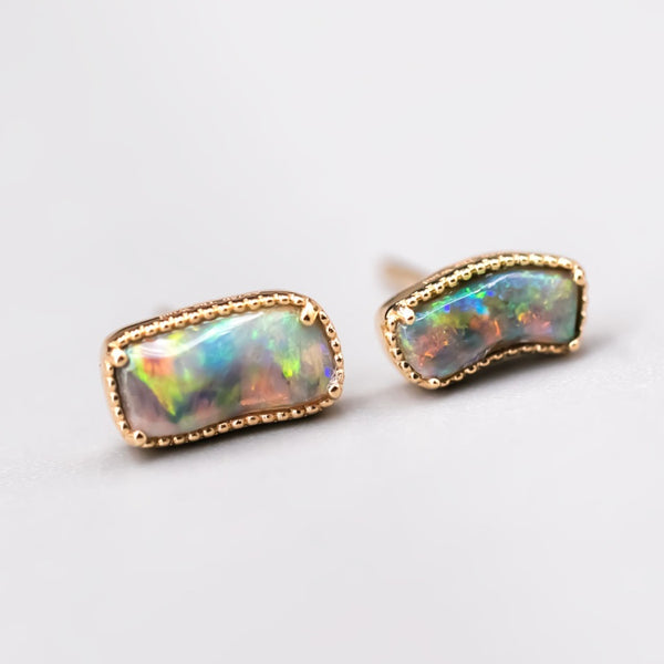 Rectangle Shaped Black Opal Stud Earrings