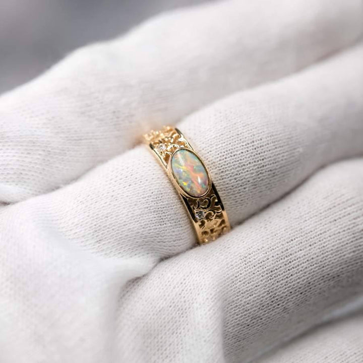 Filigree Engagement Ring: Semi-Black Opal Diamond Band