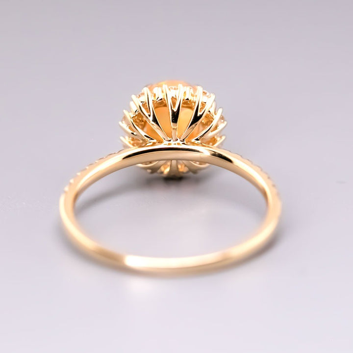 Adorable Orange Fire Opal & Halo Diamond Engagement Ring 
