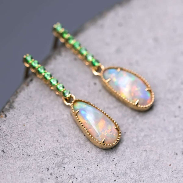 Opal Fossil Shell & Tsavorite Drop Earrings