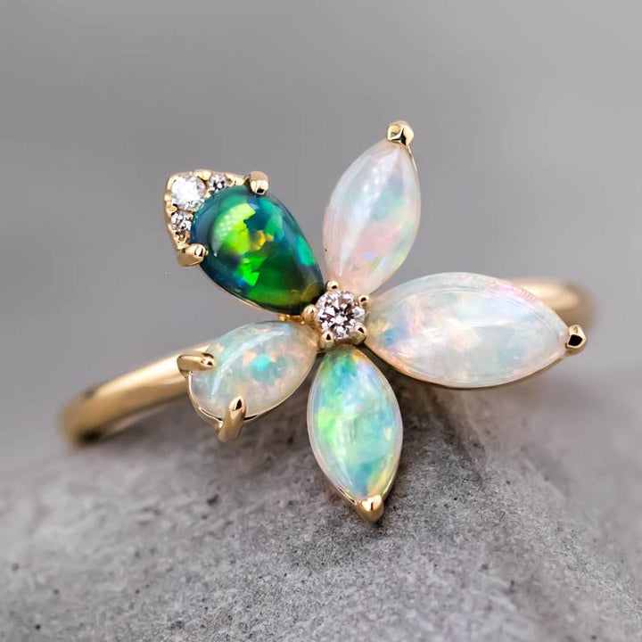 Flower Lighting Ridge Black Opal & Crystal Opal Diamond Ring